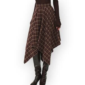 Commense Plaid Asymmetric Midi Skirt XL Brown Tweed Style - Celtic Modern Chic